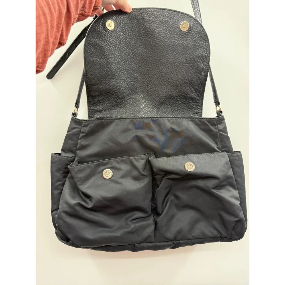 Tory Burch Thea Messenger Diaper Bag Black Nylon Leather Trim Changing Pad